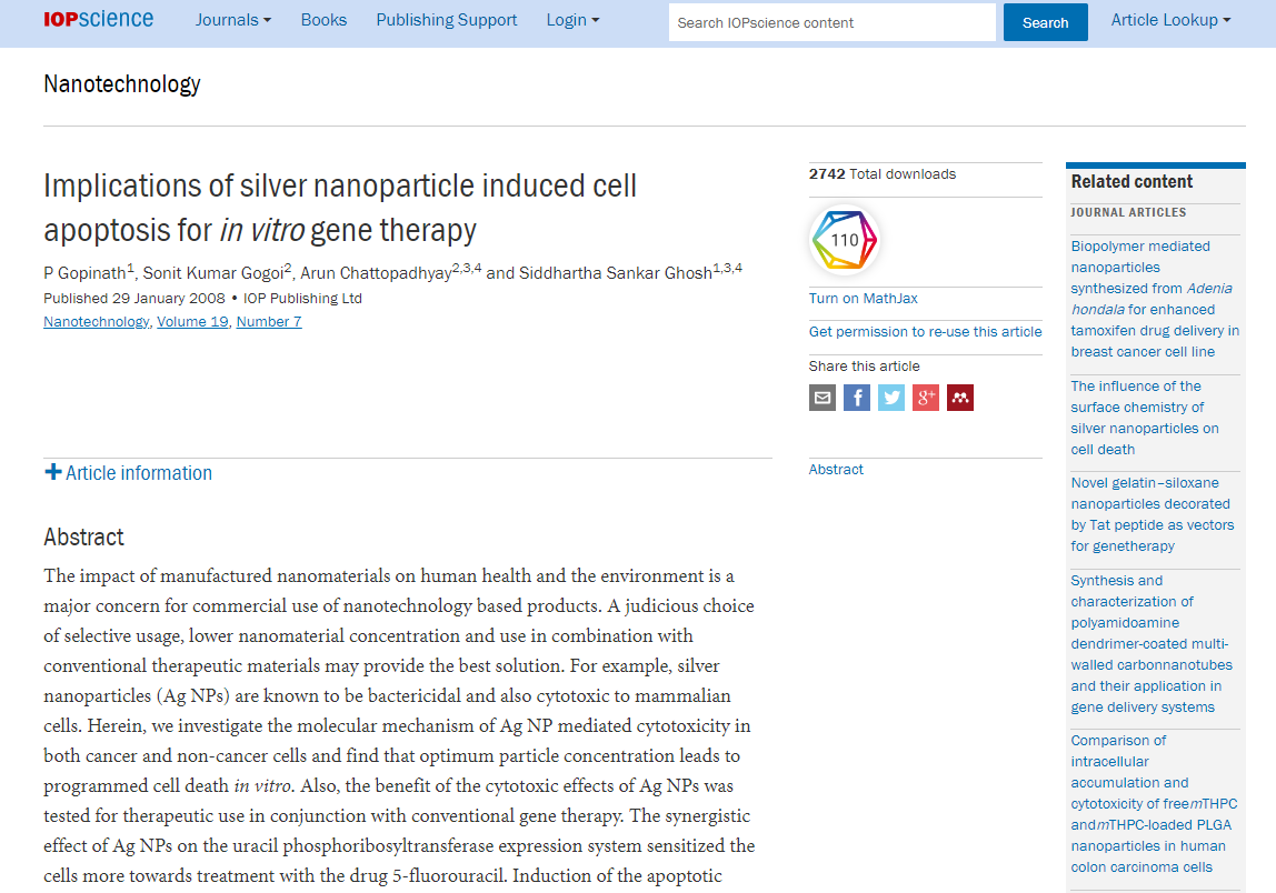 Implications of silver nanoparticle induced cell apoptosis for in vitro gene therapy