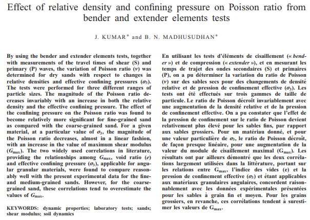 Effect of relative density and confining pressure on Poisson ratio from bender and extender elements 