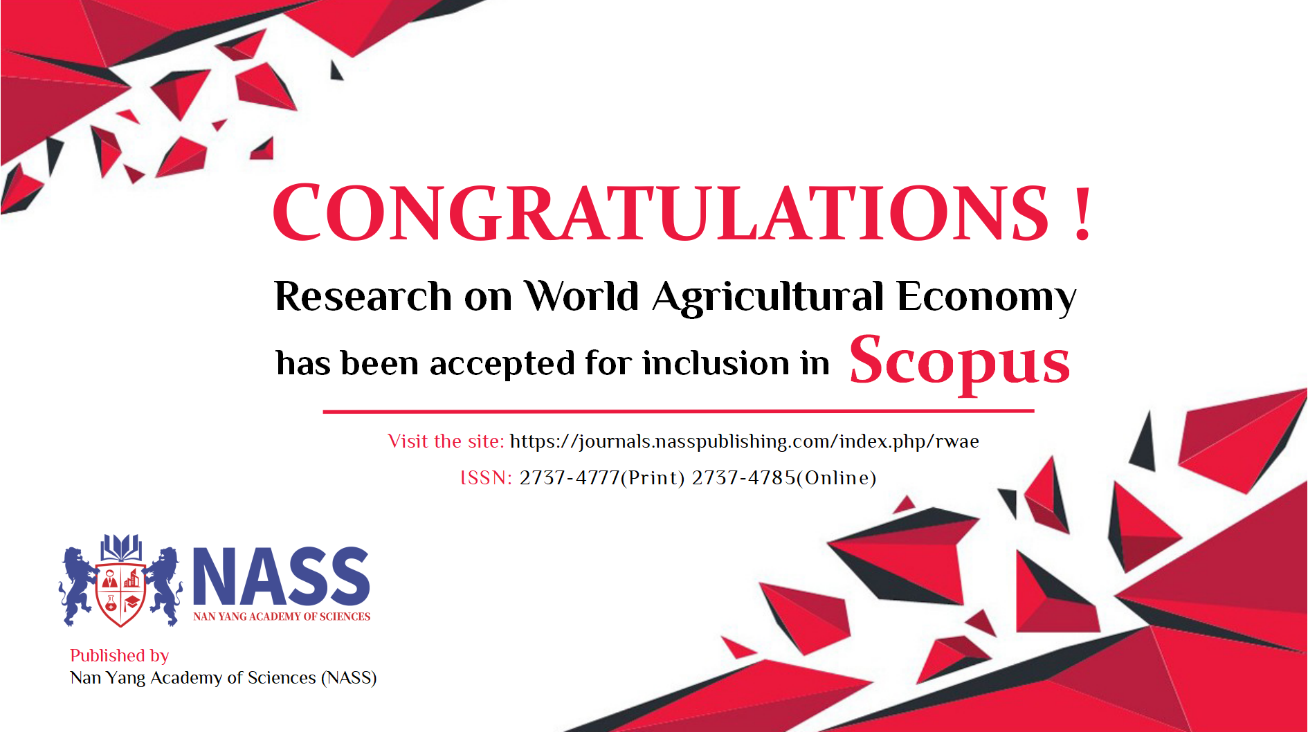 ＂Research on World Agricultural Economy＂ has been accepted by Scopus.